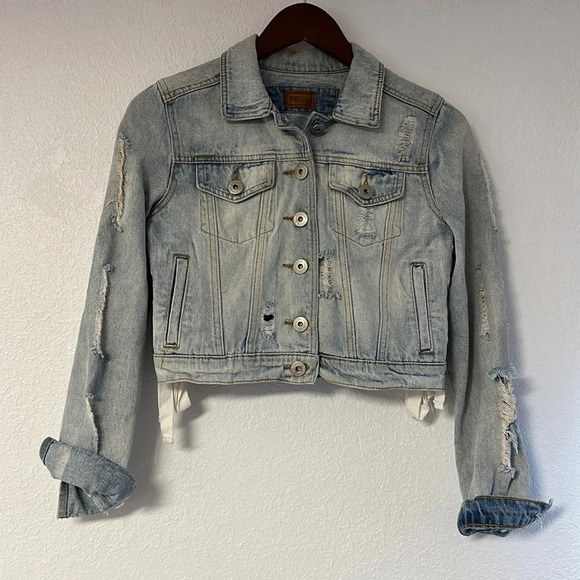 POL light wash, cropped, distressed, denim, jean jacket, size small - Picture 1 of 11